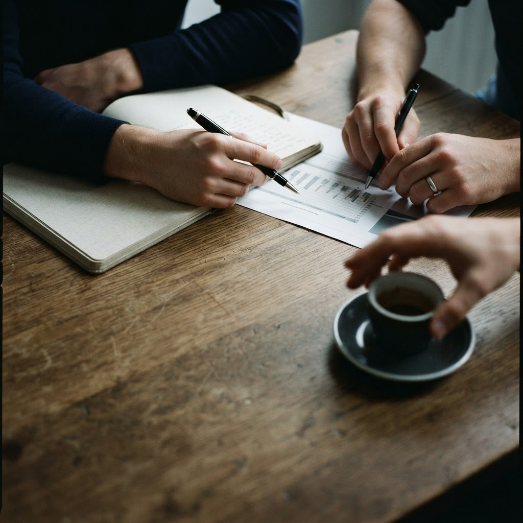 Several pairs of hands working over a shared notebook and printed charts on a wooden table